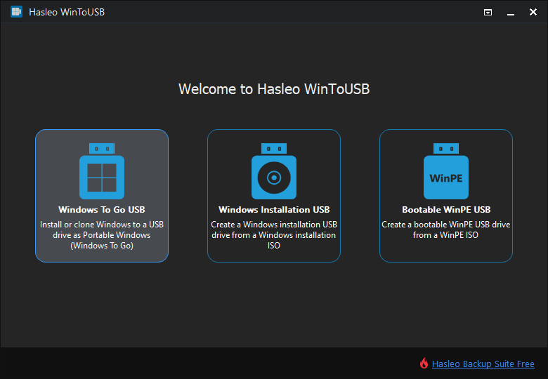 Hasleo WinToUSB main interface - Click Windows To Go USB option to create win to go