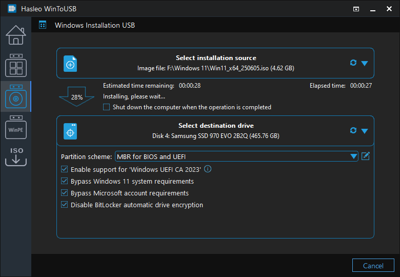 Windows installation USB Creator