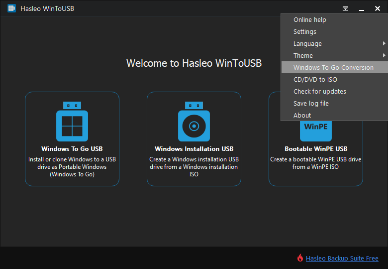 click Windows To Go conversion menu in WinToUSB interface