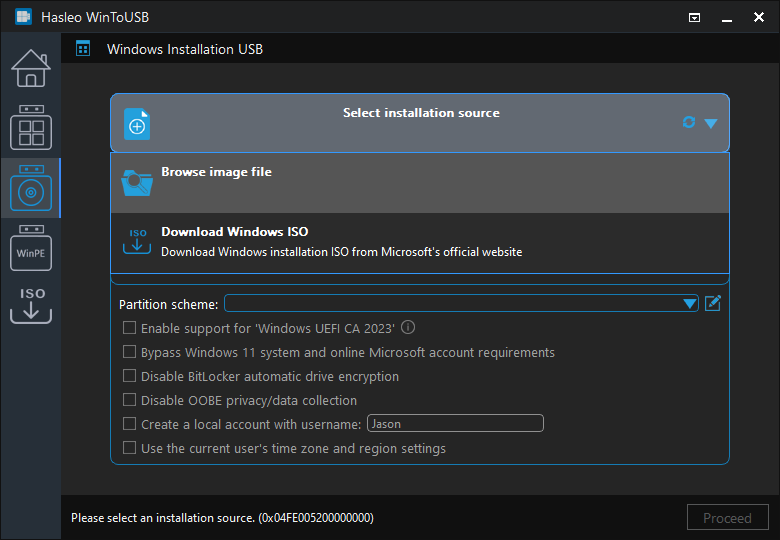 Select Windows installation source