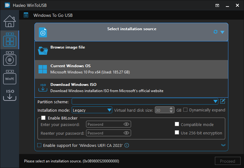Select installation source for Windows To Go