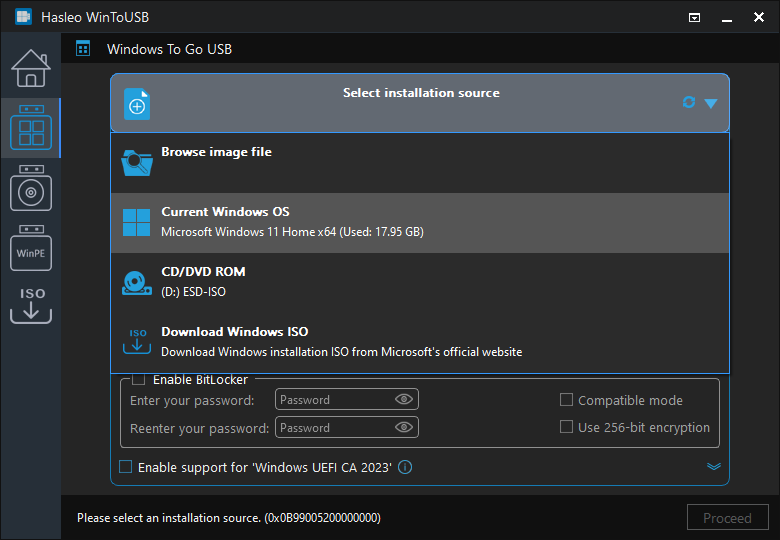 Select installation source for Windows To Go