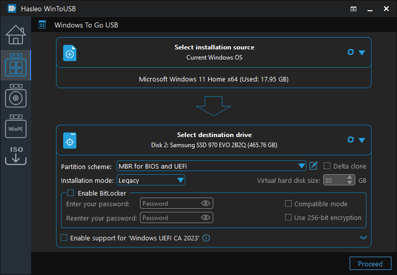 Select partition scheme and installation mode