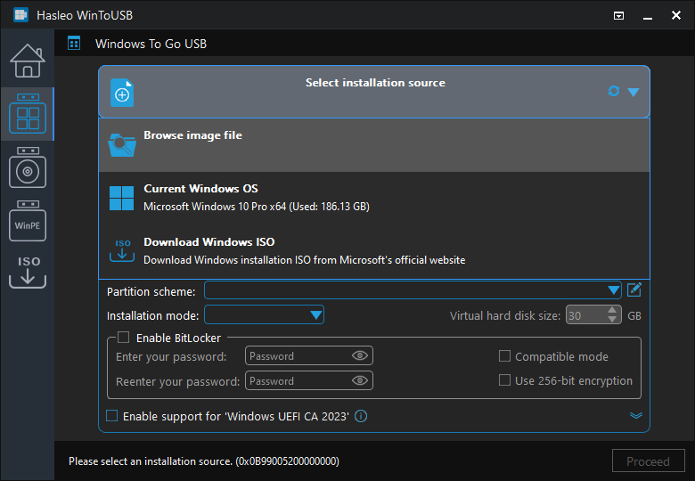 Select installation source for Windows To Go