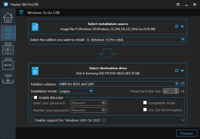 Select partition scheme and installation mode