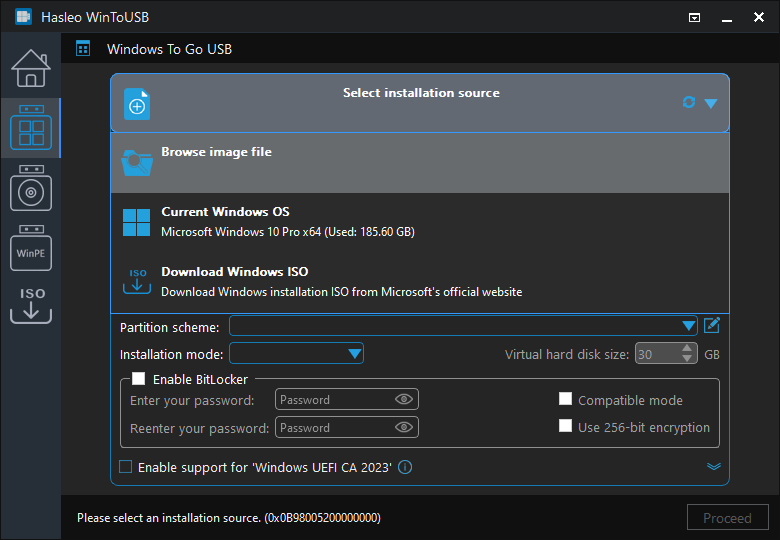 Select installation source for Windows To Go