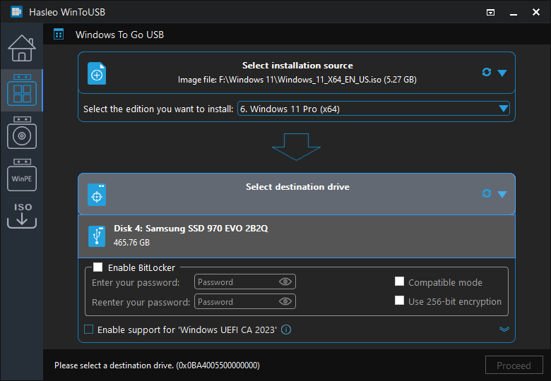 Select destination drive and partitions