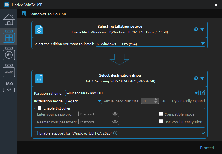 WinToUSB - Configure GPT or MBR partition scheme and installation mode for portable Windows